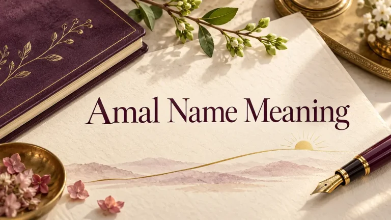 Amal Name Meaning title on ivory paper beside a plum notebook, fountain pen, green buds, and a rising gold line