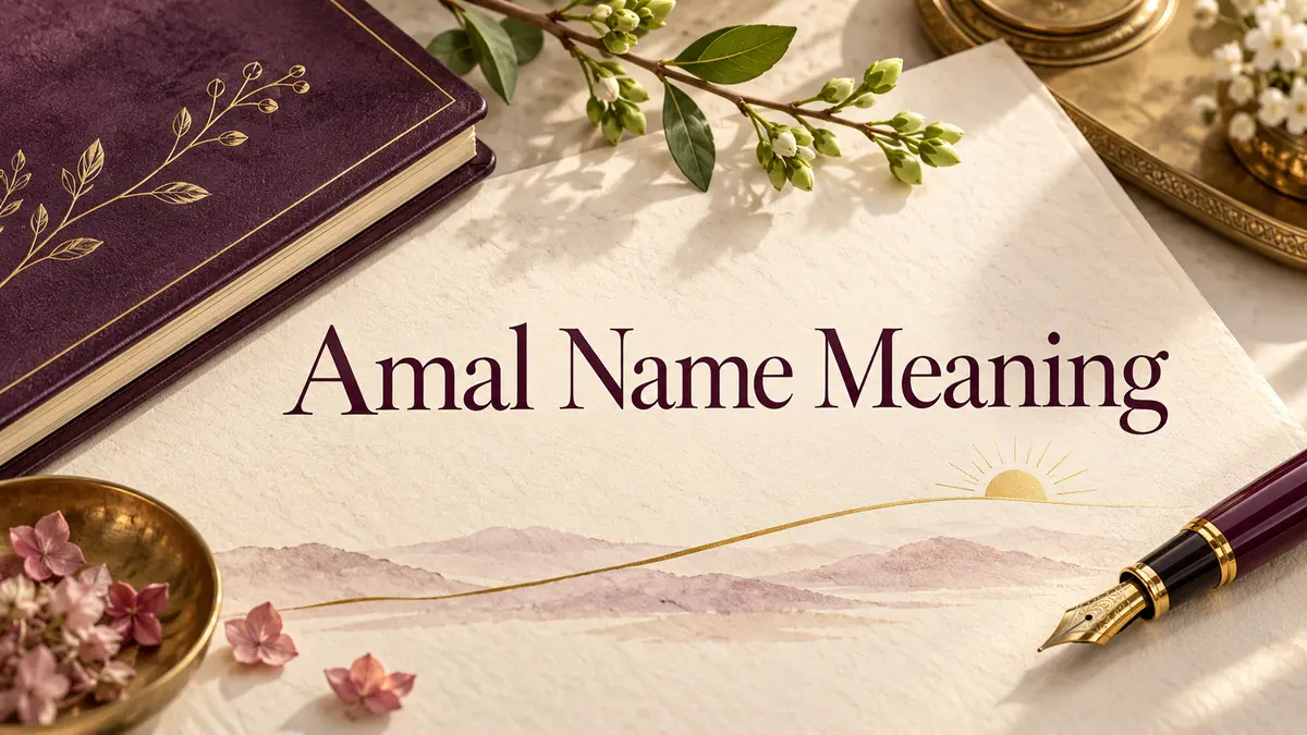 Amal Name Meaning title on ivory paper beside a plum notebook, fountain pen, green buds, and a rising gold line