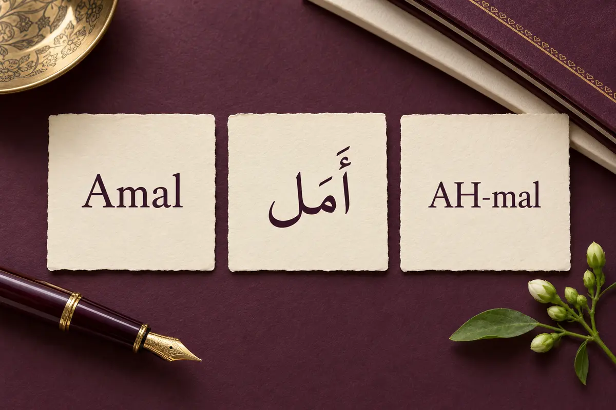 Three cream cards showing Amal, Arabic أَمَل, and the pronunciation guide AH-mal