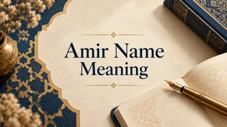 Amir Name Meaning title beside an open notebook in ivory, navy, and gold