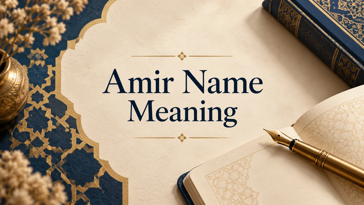 Amir Name Meaning title beside an open notebook in ivory, navy, and gold
