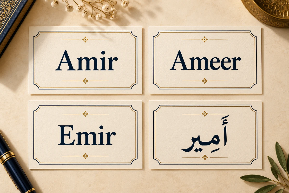 Cards comparing Amir, Ameer, Emir, and the Arabic spelling أمير