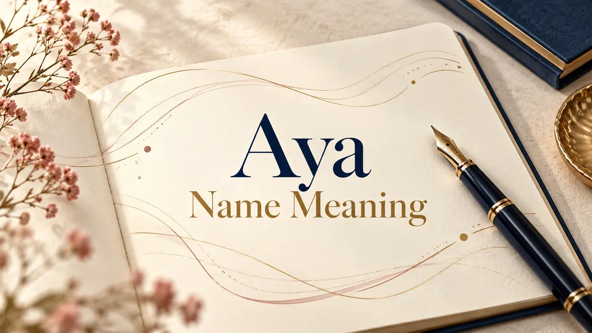 Aya Name Meaning title on an ivory notebook beside a navy and gold pen