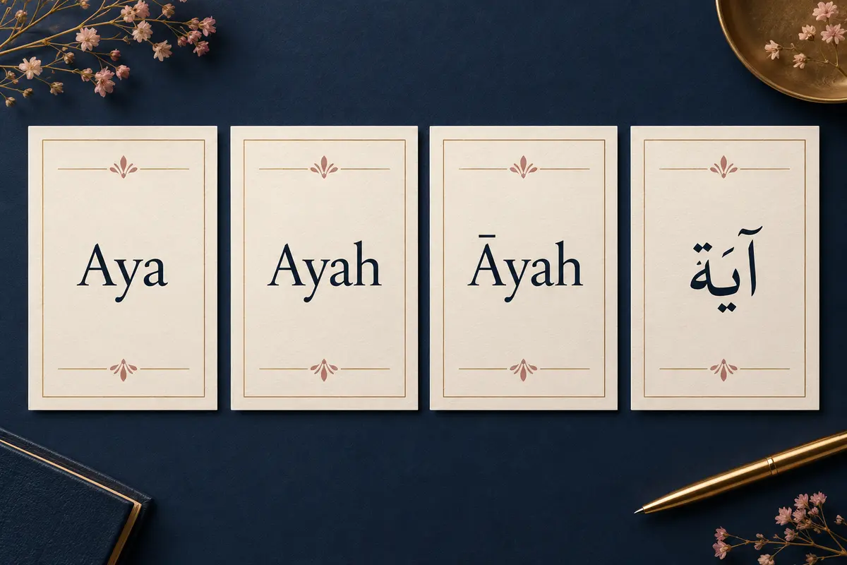Cards comparing Aya, Ayah, Āyah, and the Arabic spelling آيَة