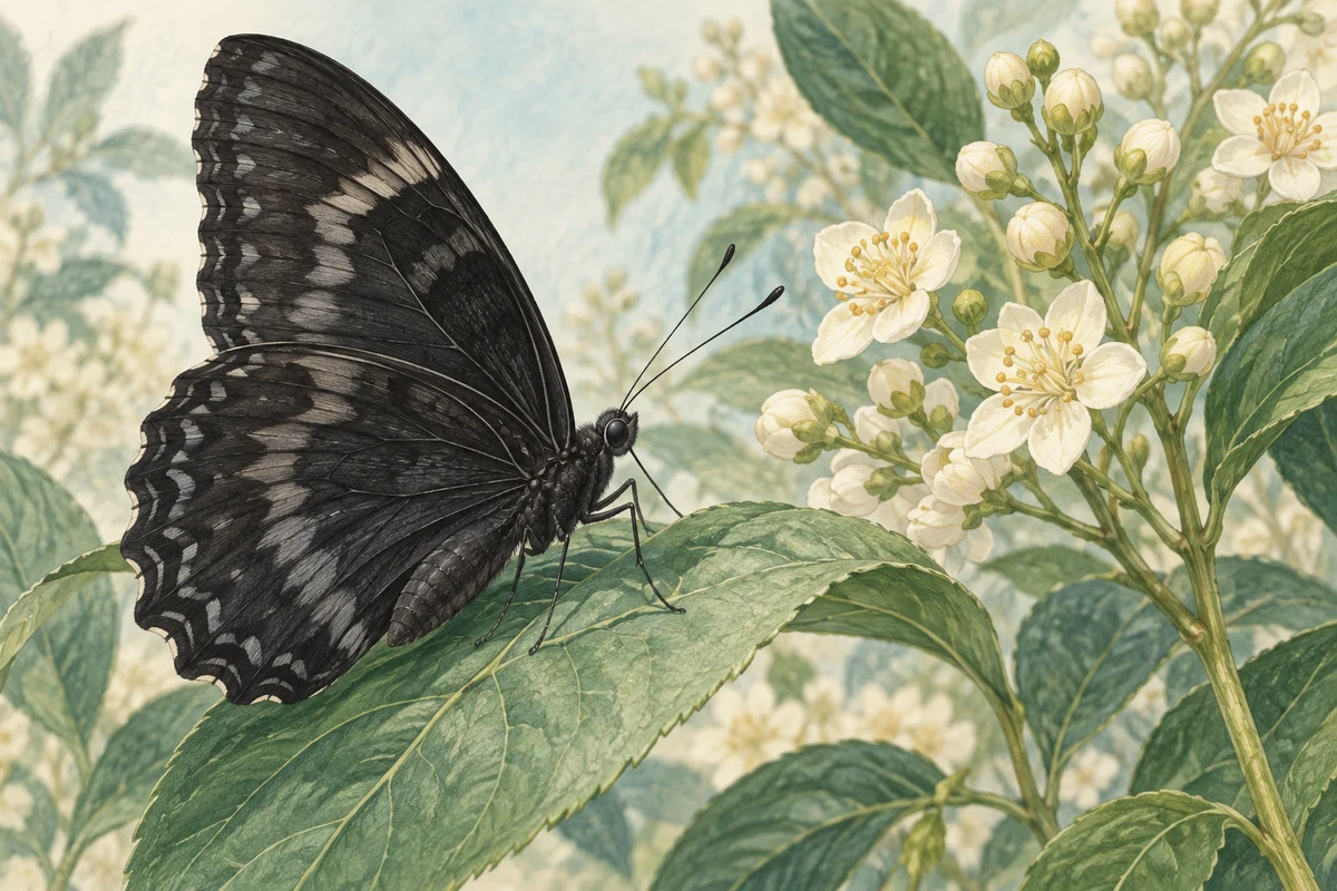 Illustration of a dark butterfly resting beside pale flowers