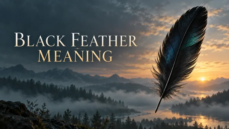 Black feather with blue-green sheen over a misty landscape beside the title Black Feather Meaning