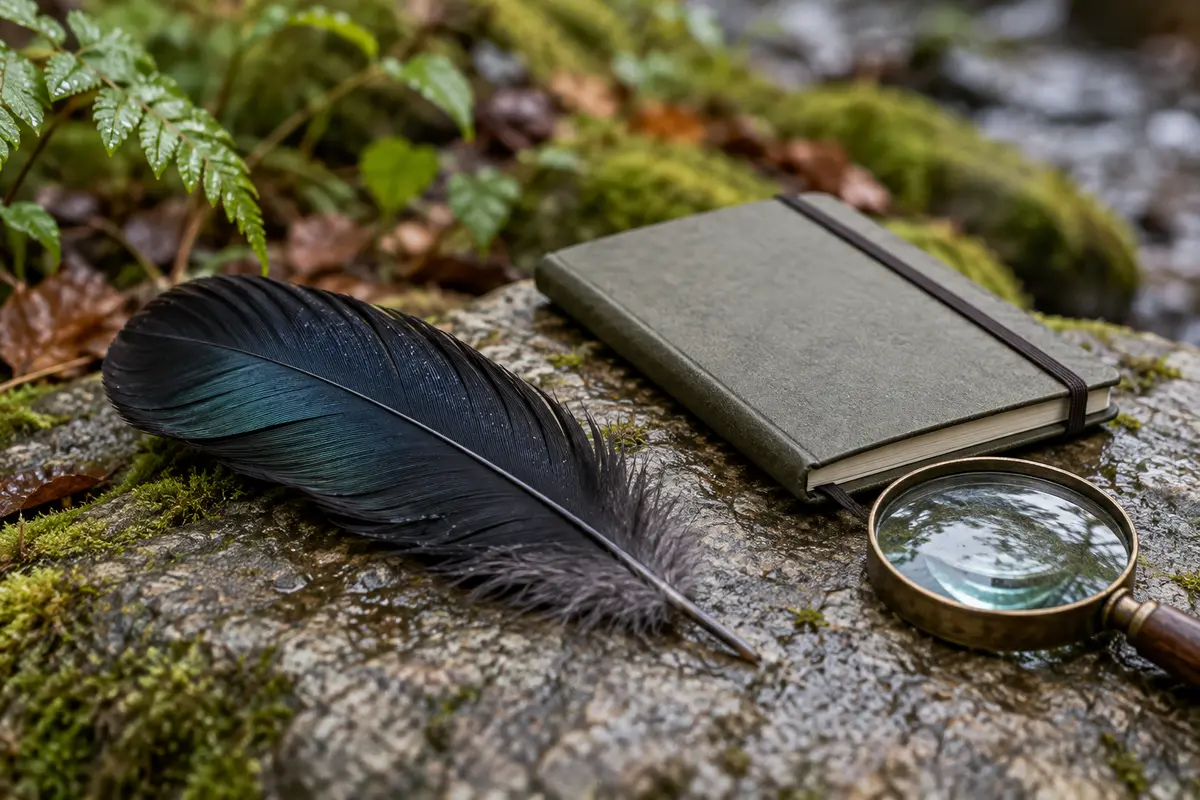 Black feather beside a field notebook and magnifying glass on a wet woodland stone