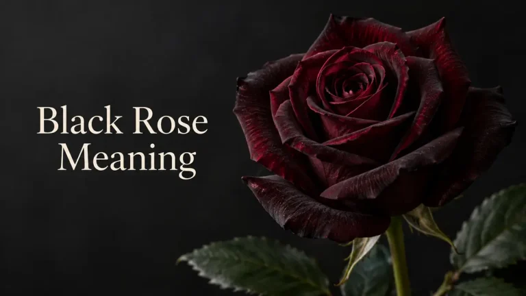 Deep burgundy rose beside the title Black Rose Meaning