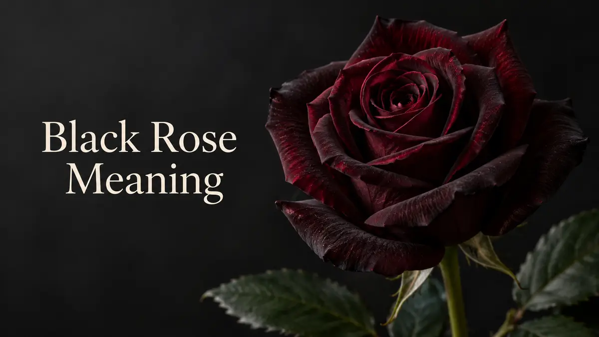 Deep burgundy rose beside the title Black Rose Meaning