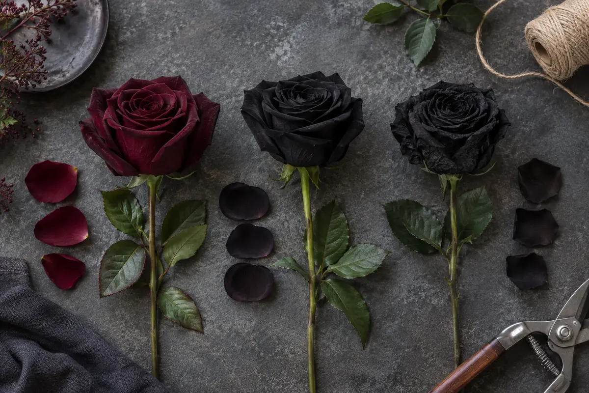 Natural dark burgundy, dyed black, and preserved black roses on a florist worktable