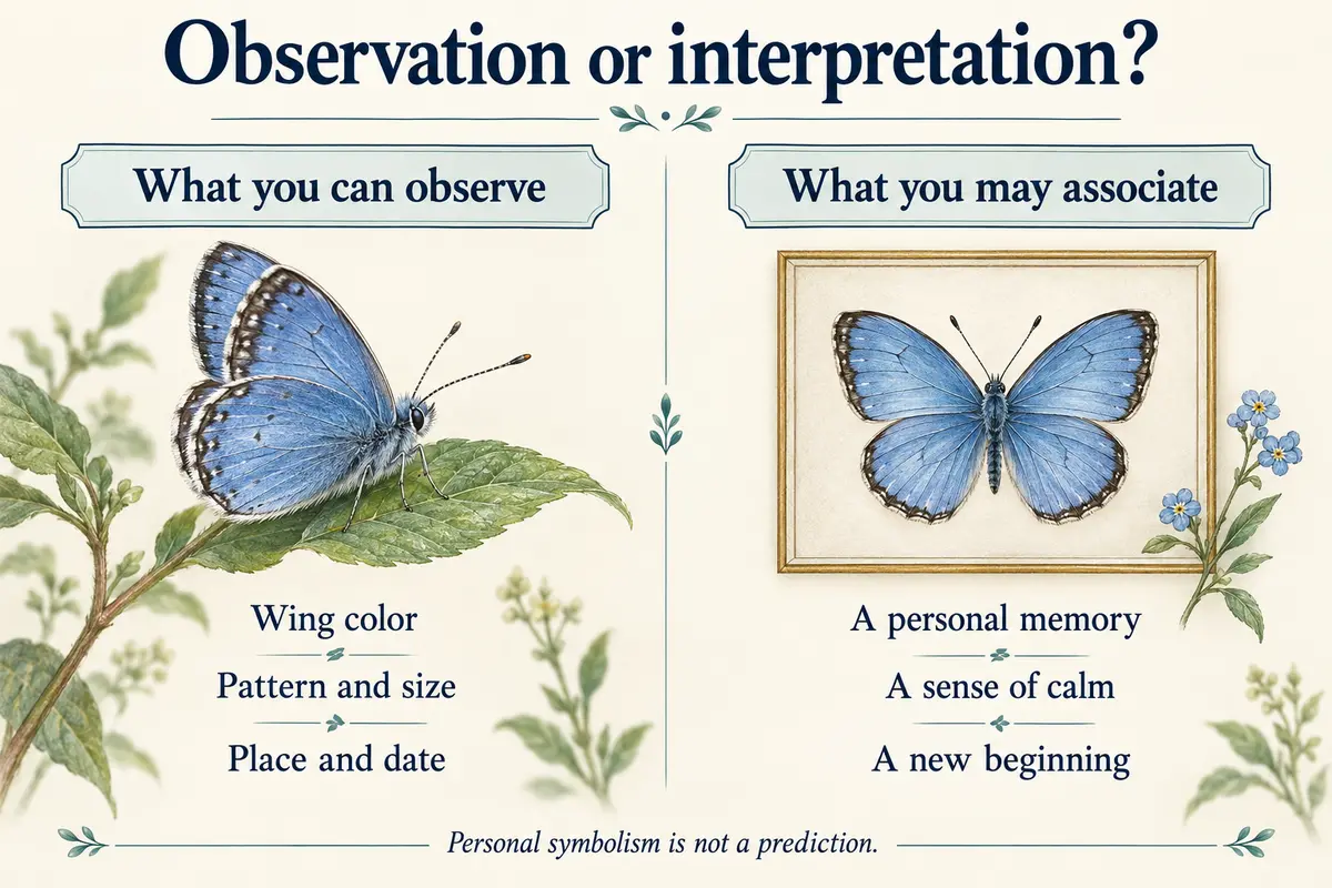 Blue butterfly meaning diagram separating visible features from personal associations