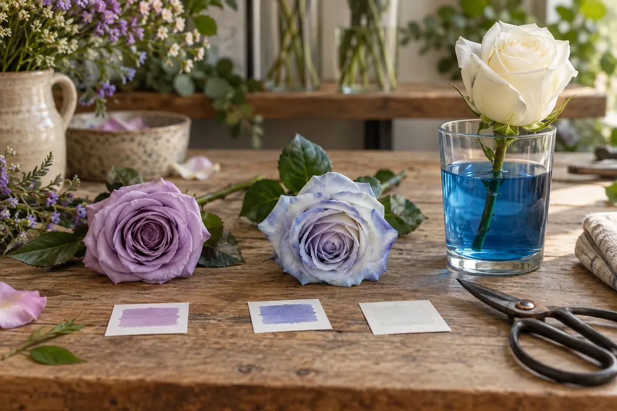 Lavender, blue-hued, and white roses demonstrating natural color and dyeing