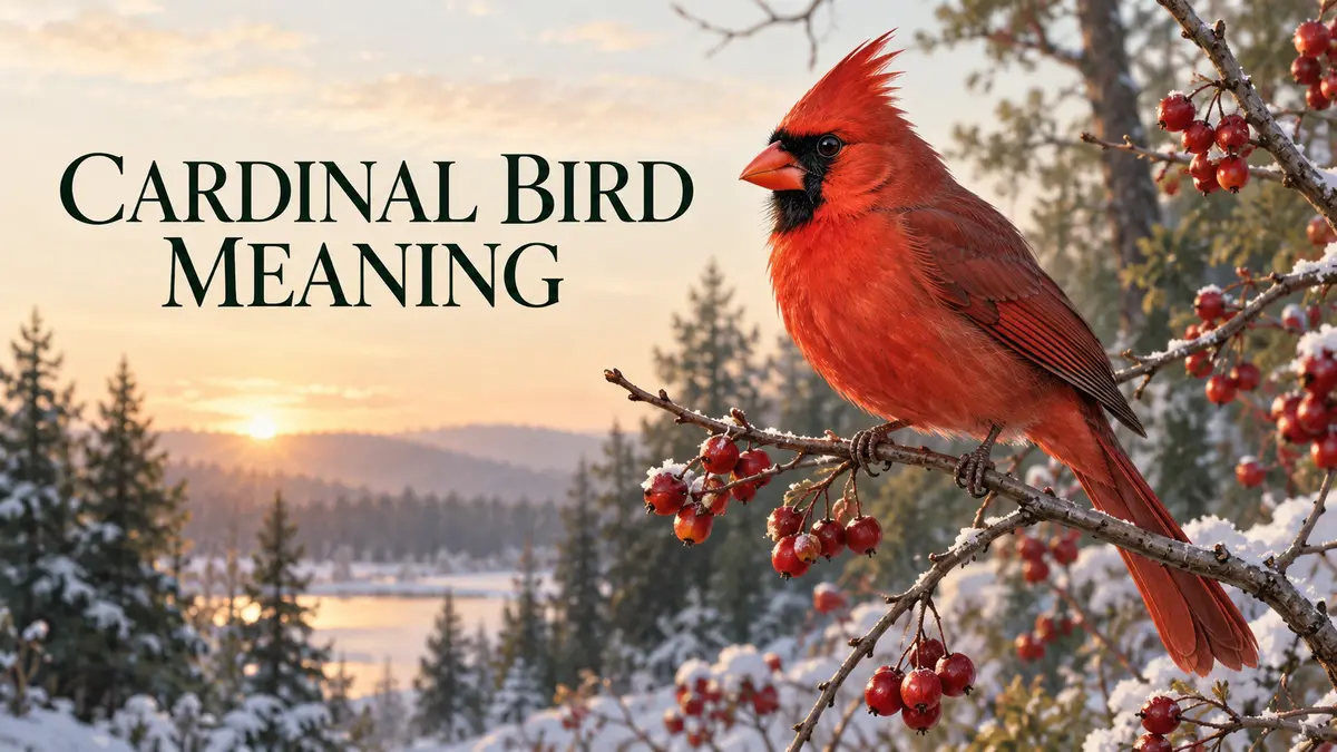 Cardinal bird meaning cover with a male Northern Cardinal on a snowy berry branch