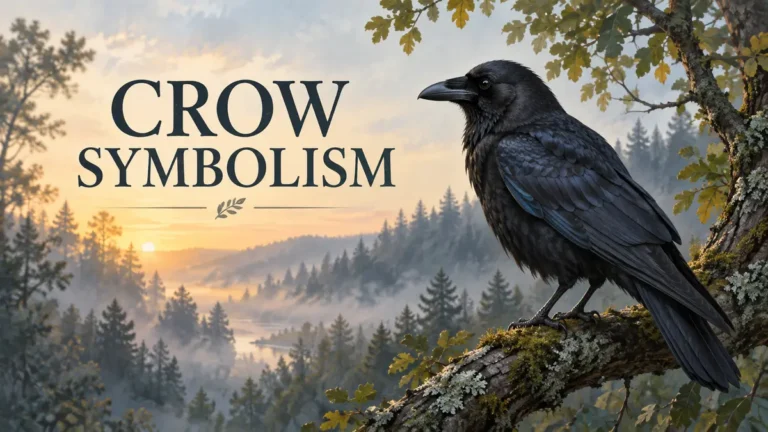 Crow symbolism cover with a black crow in a misty woodland at sunrise