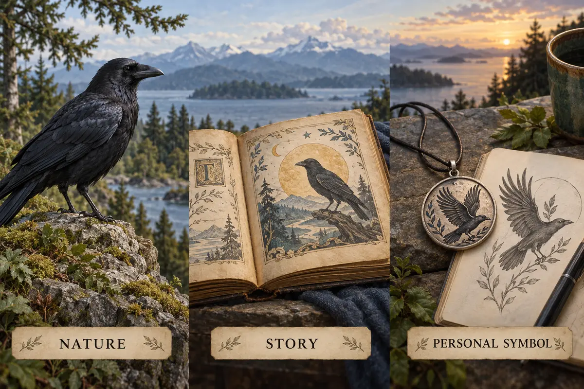 Crow symbolism in three contexts: nature, stories, and personal designs