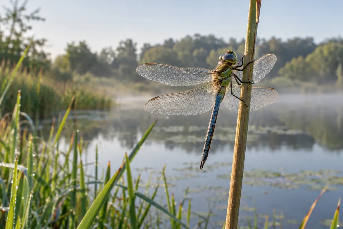 Dragonfly perched on a reed beside a pond