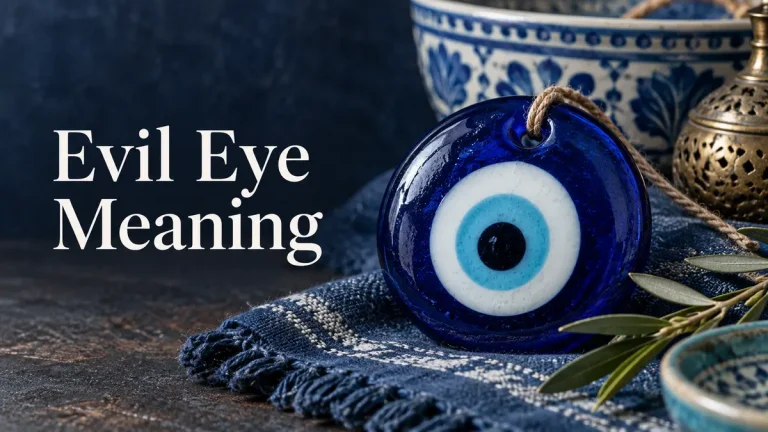 Blue glass eye bead beside the title Evil Eye Meaning