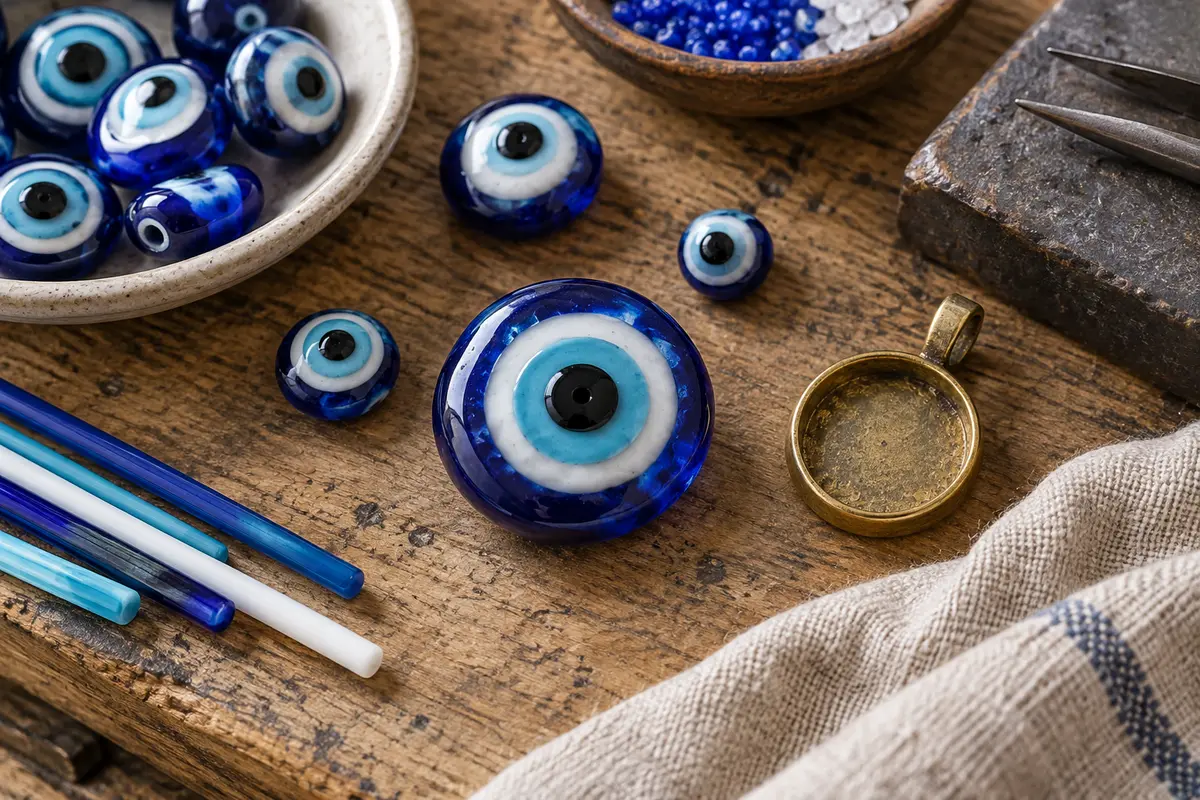 Artisan worktable with handmade blue and white glass eye beads
