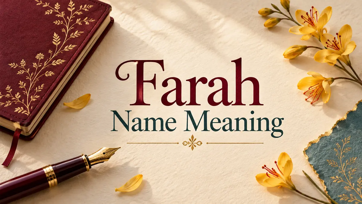 Farah Name Meaning title on ivory paper beside a burgundy notebook, fountain pen, and yellow blossoms