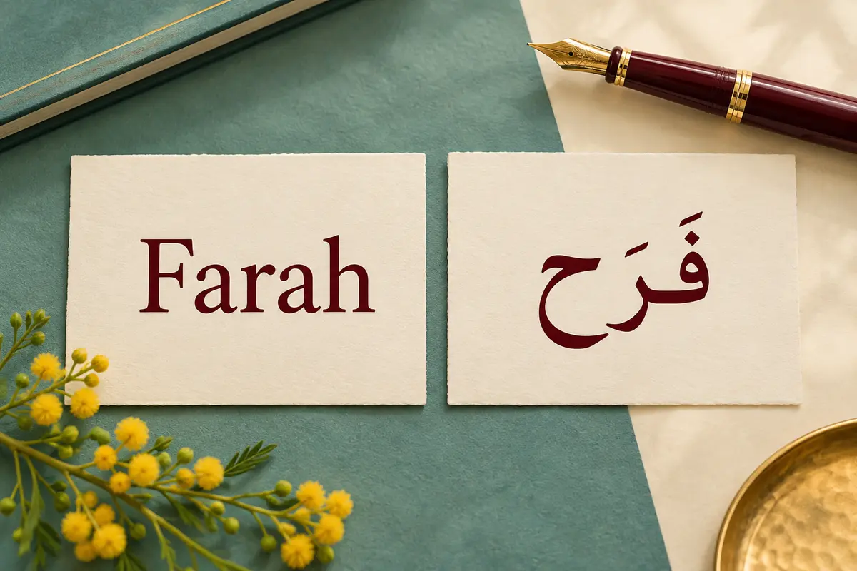 Two cream cards showing Farah in Latin letters and Arabic فَرَح