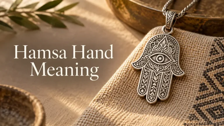 Silver hamsa pendant beside the title Hamsa Hand Meaning
