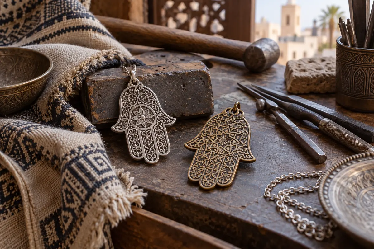 Two handcrafted hamsa pendants on an artisan metalworking table