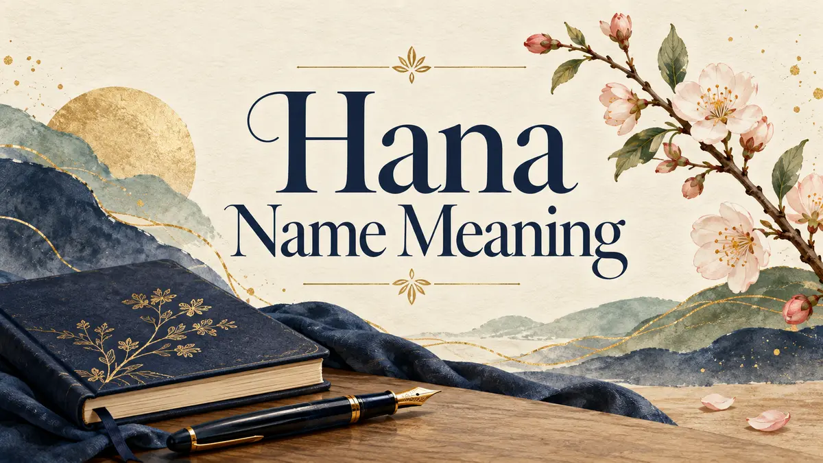 Hana Name Meaning title on ivory paper with an indigo notebook, fountain pen, and blossom branch