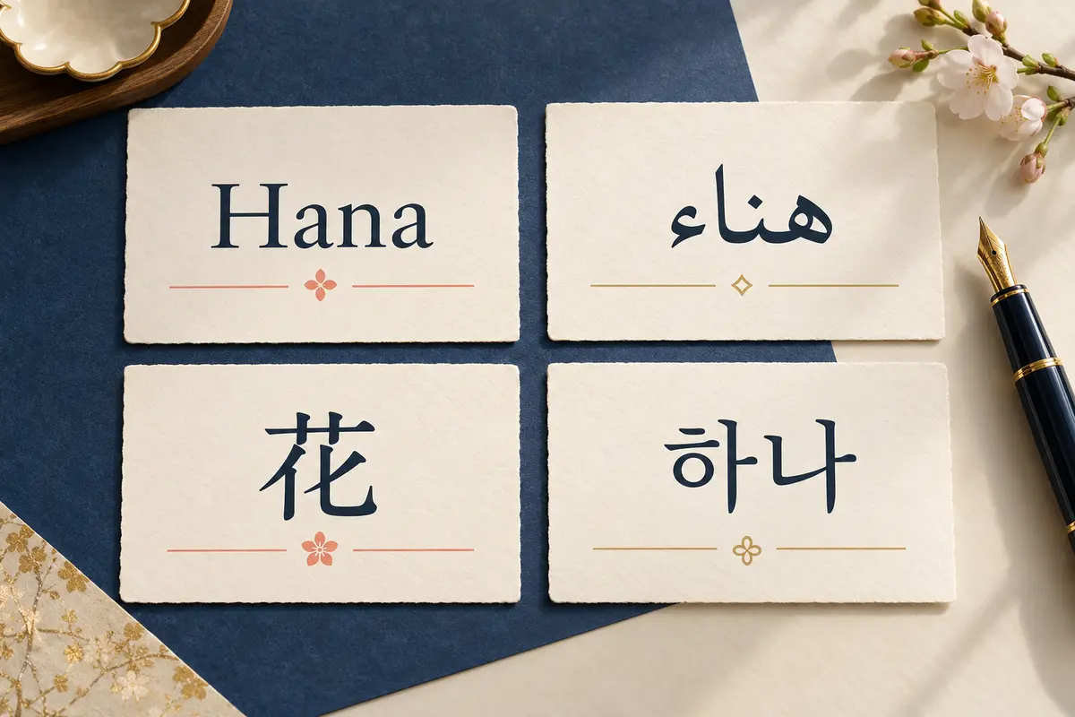 Four cream cards showing Hana, Arabic هناء, Japanese 花, and Korean 하나
