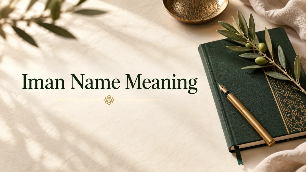 Iman Name Meaning title on ivory paper beside a green notebook, brass pen, and olive branch