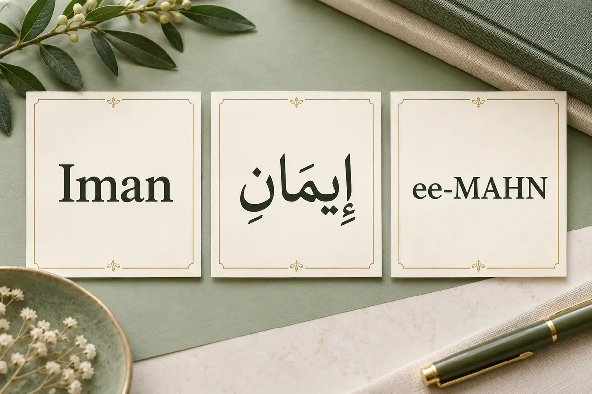 Three cream cards showing Iman, Arabic إِيمَان, and the pronunciation guide ee-MAHN
