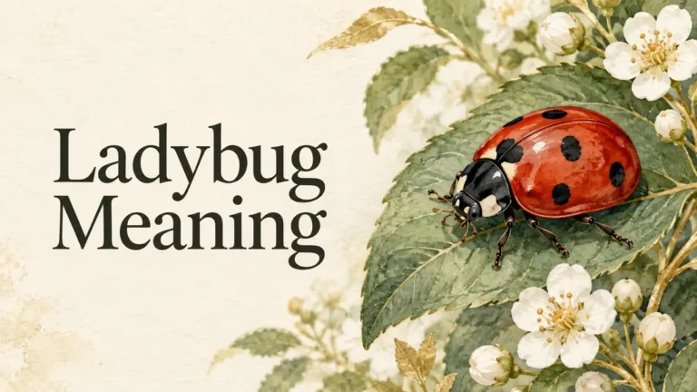 Ladybug meaning cover with a red lady beetle on a green leaf