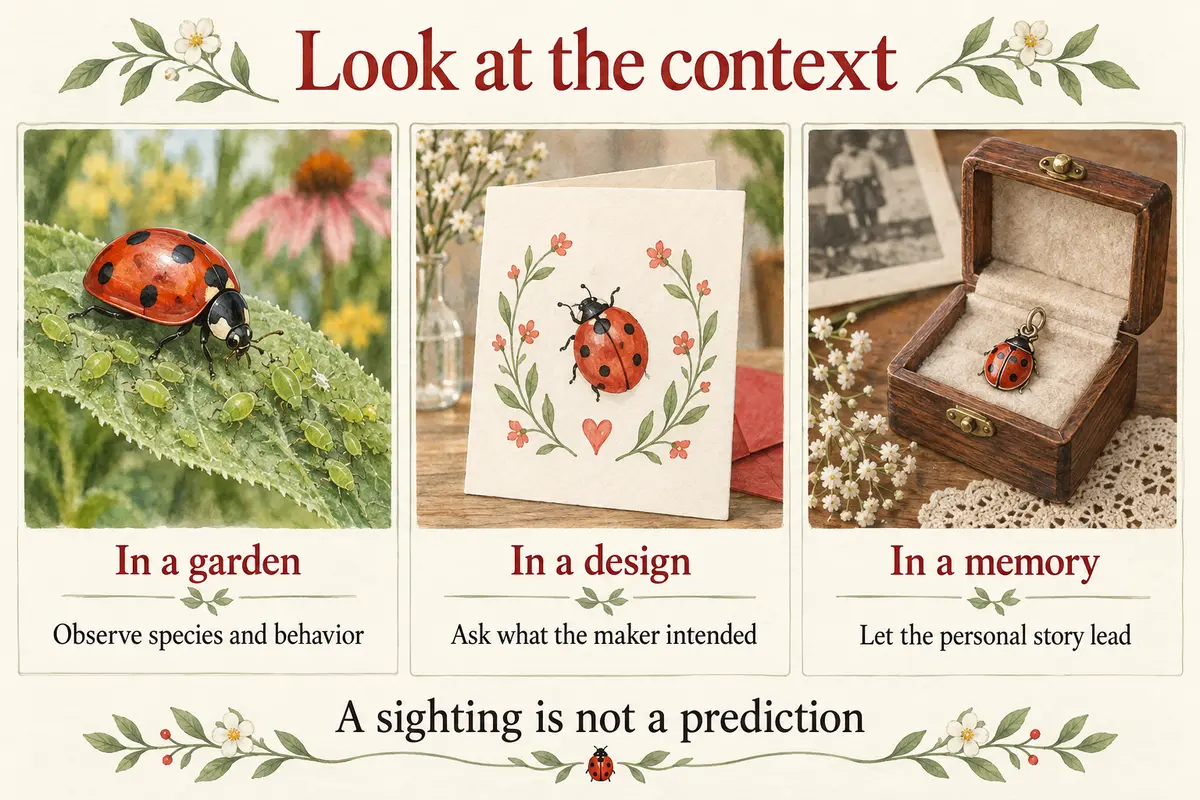 Three contexts for ladybug meaning: a garden, a design, and a memory