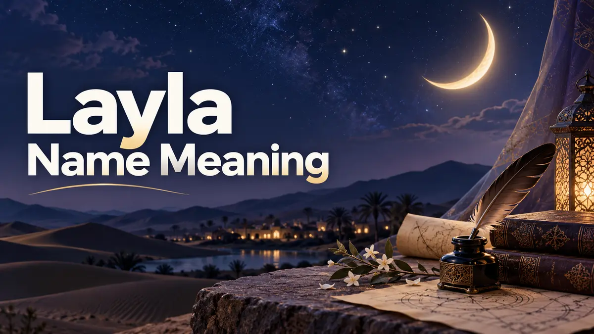 Layla name meaning featured image with a moonlit literary background