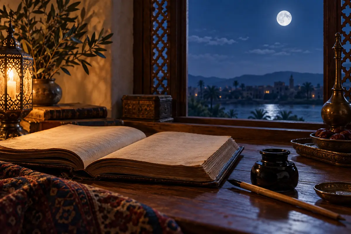 Open book and ink pen in a moonlit setting representing Layla's literary history