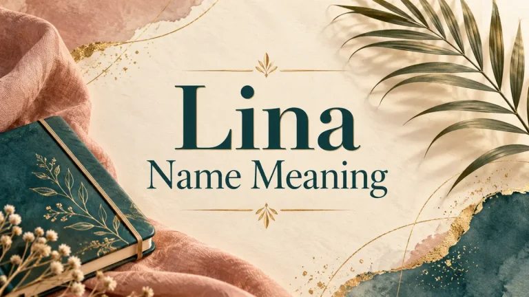 Lina Name Meaning title on an ivory background with a teal notebook and palm frond