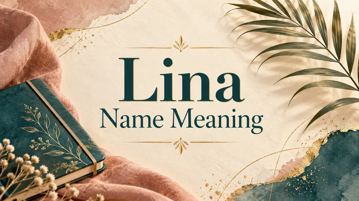 Lina Name Meaning title on an ivory background with a teal notebook and palm frond