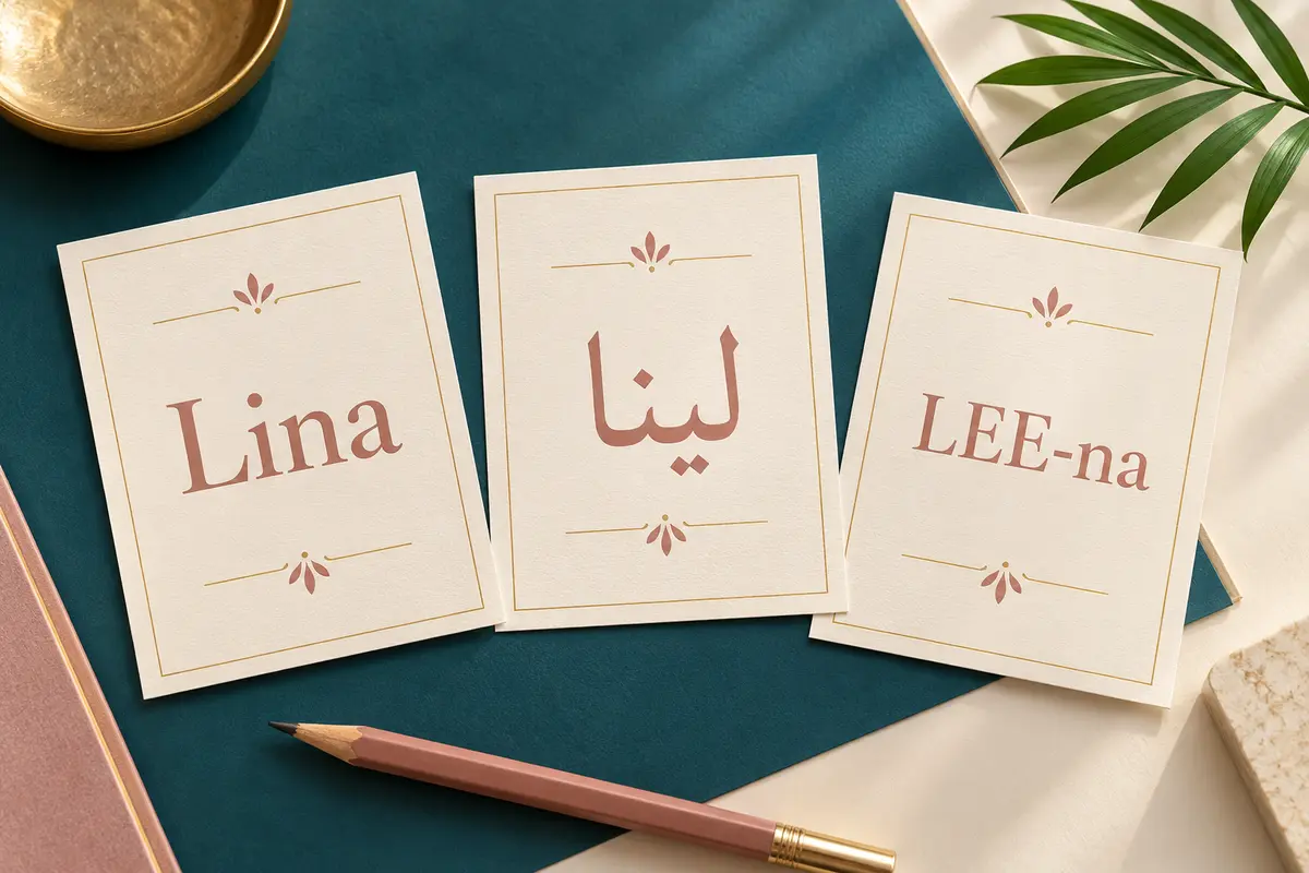Three cream cards showing Lina, Arabic لينا, and the pronunciation guide LEE-na