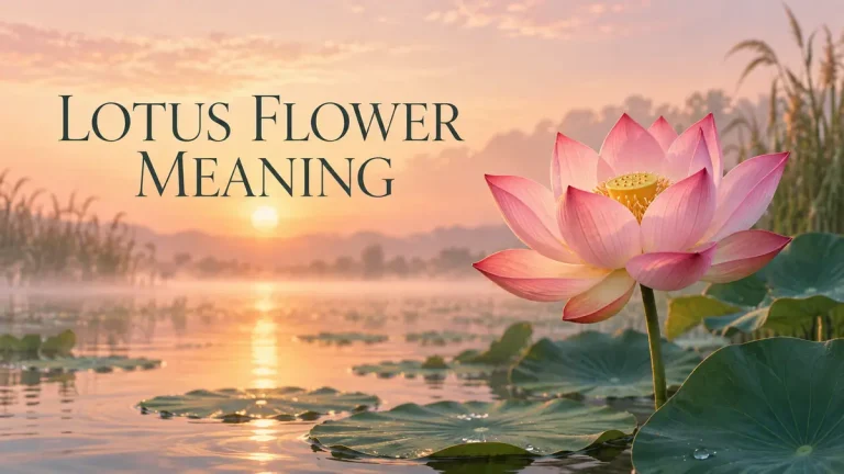 Pink sacred lotus rising above calm water beside the title Lotus Flower Meaning