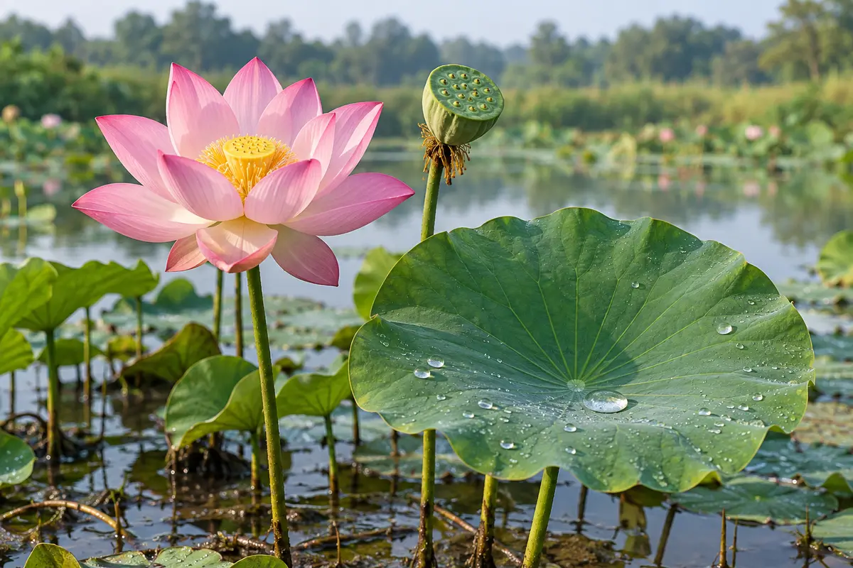 Pink sacred lotus flower, round leaf with water droplets, and seed pod in a natural pond