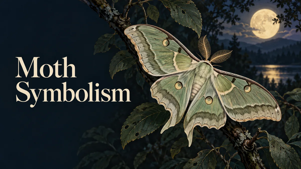 Moth symbolism cover with an illustrated green moth on a moonlit branch