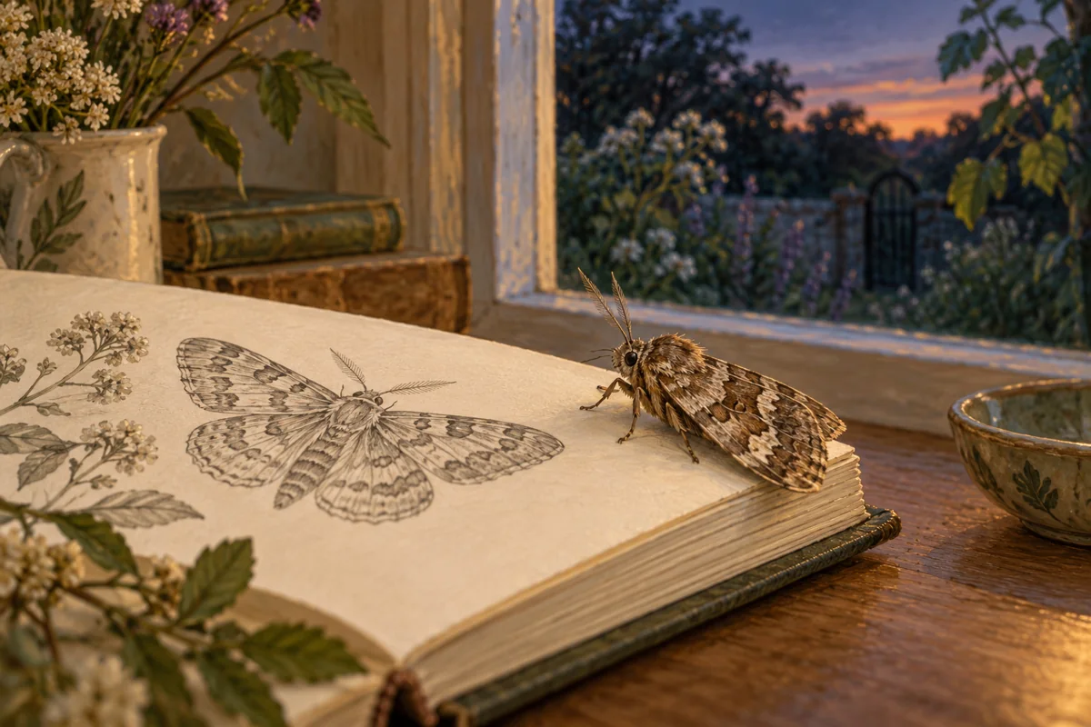 Illustrated brown moth resting beside a moth drawing in a botanical sketchbook