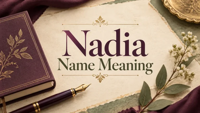 Nadia Name Meaning title on cream paper beside a plum notebook, fountain pen, and delicate sprig