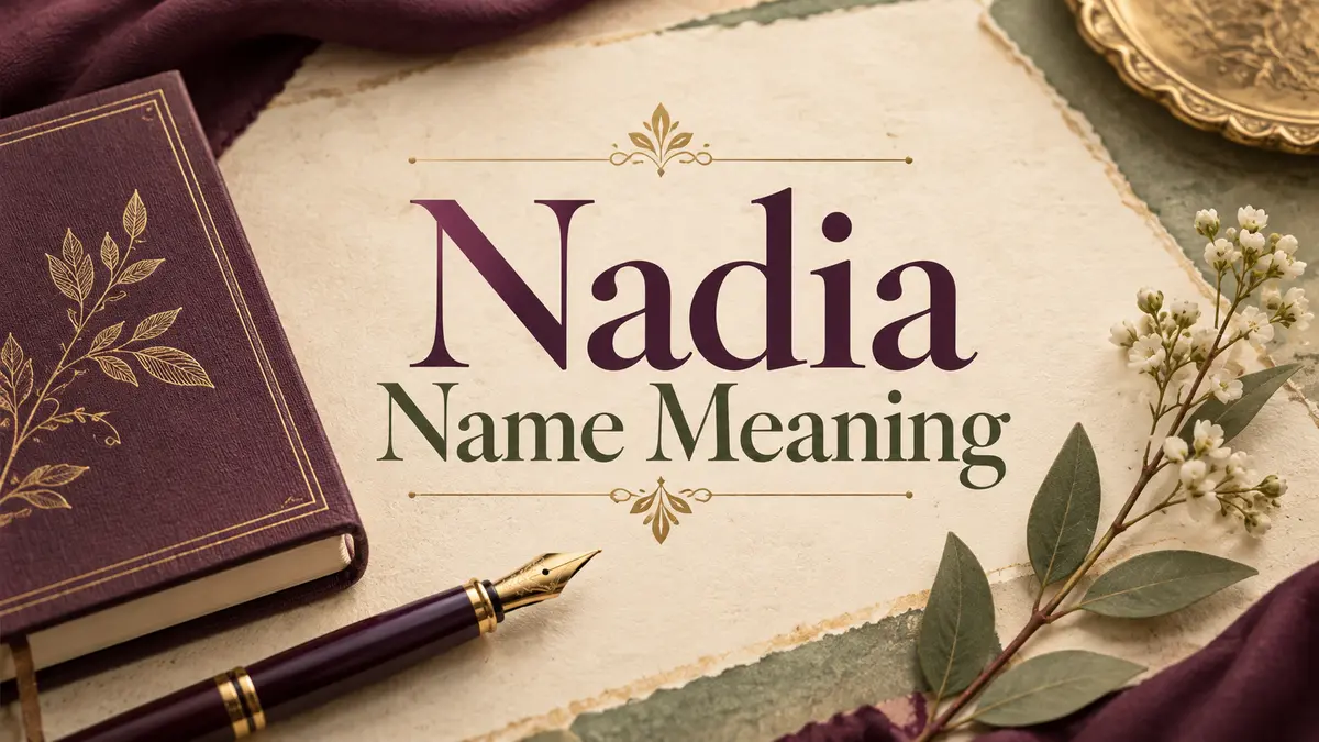 Nadia Name Meaning title on cream paper beside a plum notebook, fountain pen, and delicate sprig