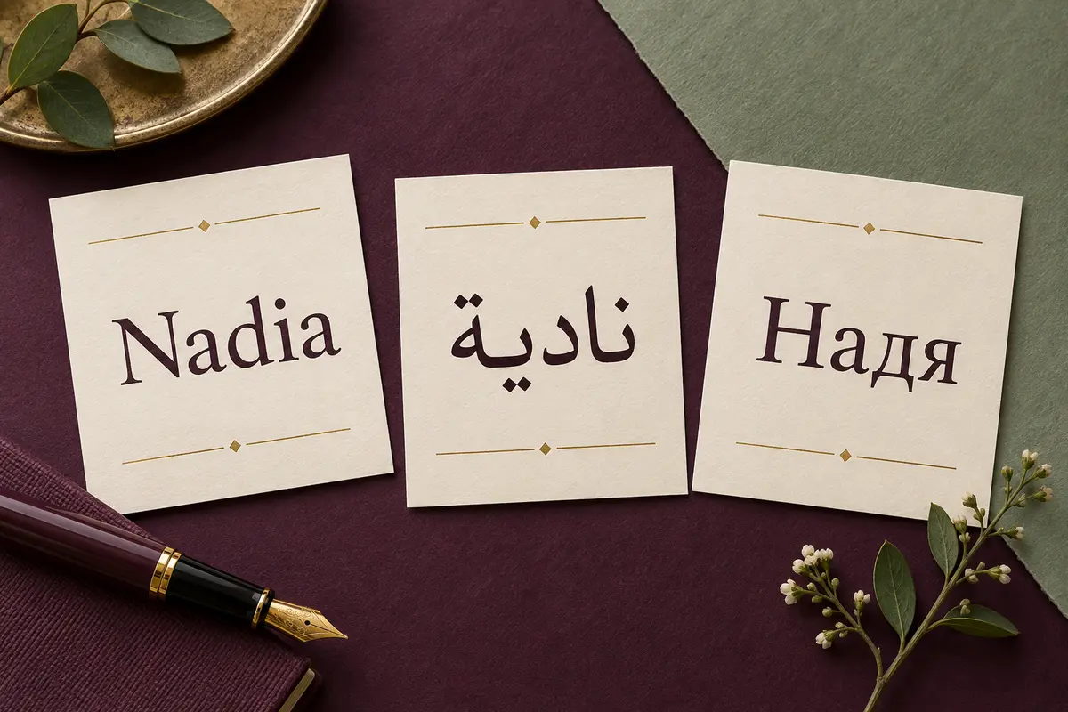 Three cream cards showing Nadia in Latin, Arabic نادية, and Cyrillic Надя scripts