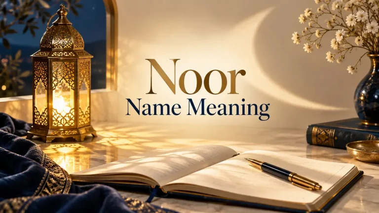 Noor Name Meaning title beside a glowing brass lantern and open notebook