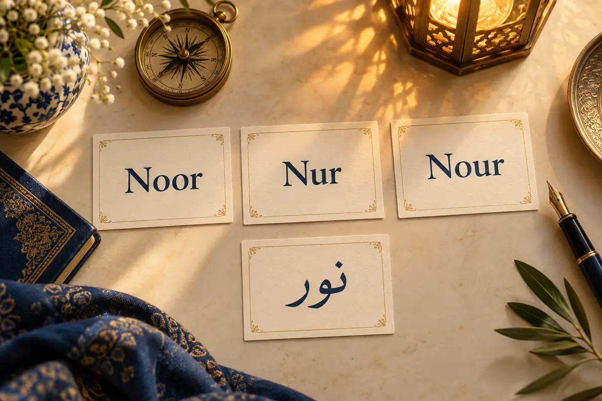 مقارنة بين كتابة اسم نور بالعربية وصيغ Noor وNur وNour