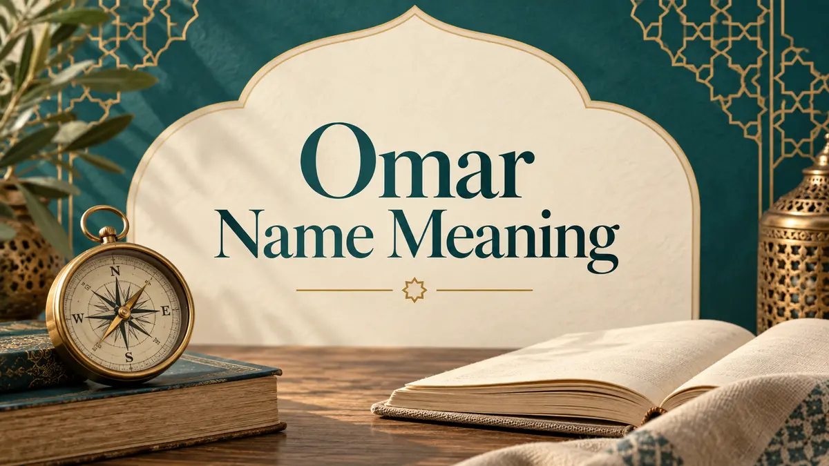 Omar Name Meaning title beside a brass compass and open notebook