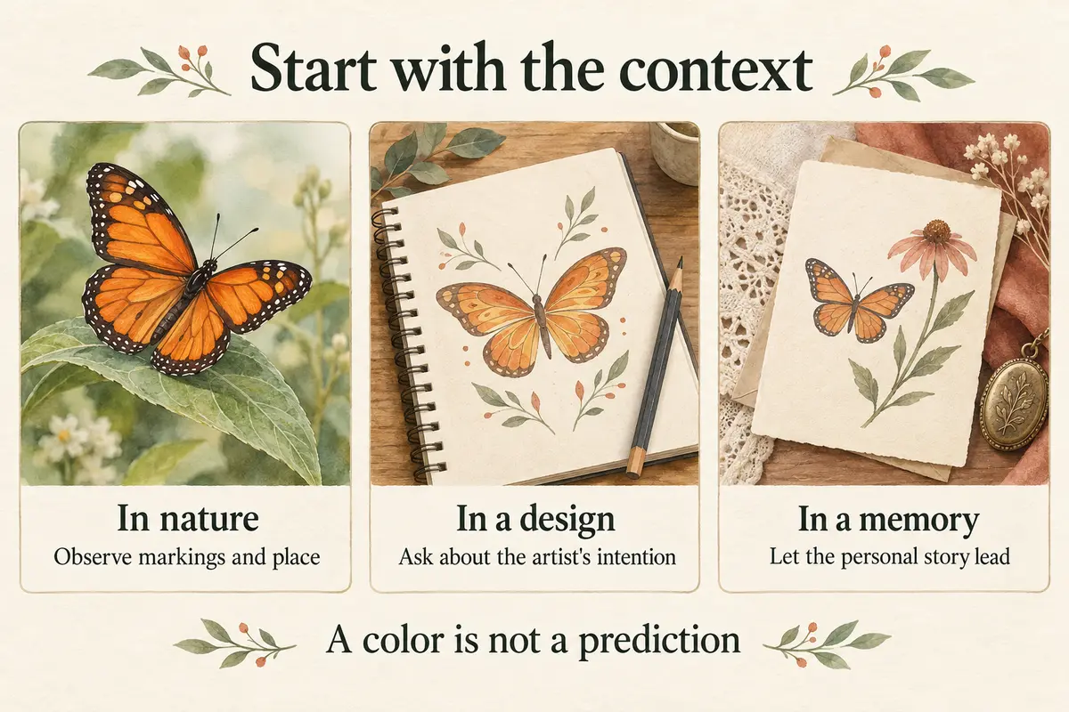 Three illustrated contexts for orange butterfly meaning: nature, a design, and a memory