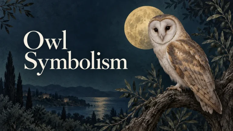 Illustrated barn owl on an olive branch beside the title Owl Symbolism