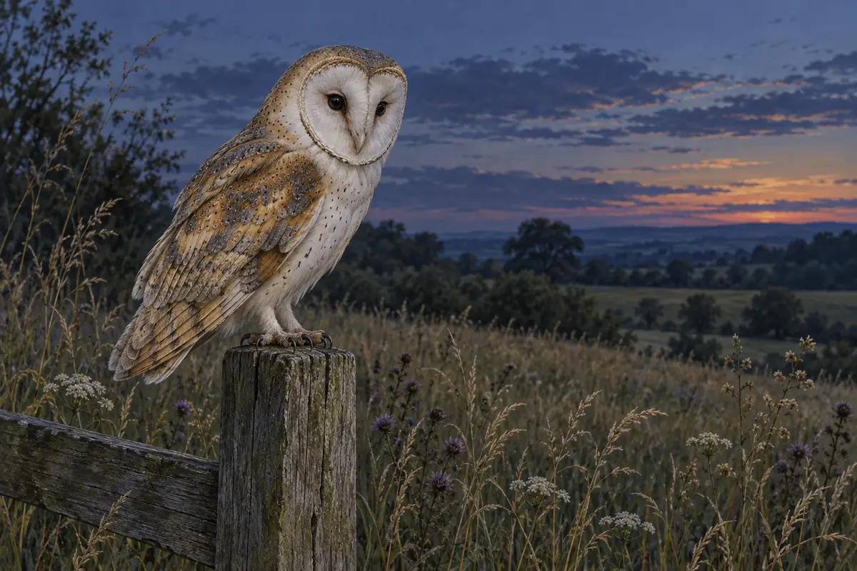 Illustration of a barn owl perched on a fence post above a meadow at dusk